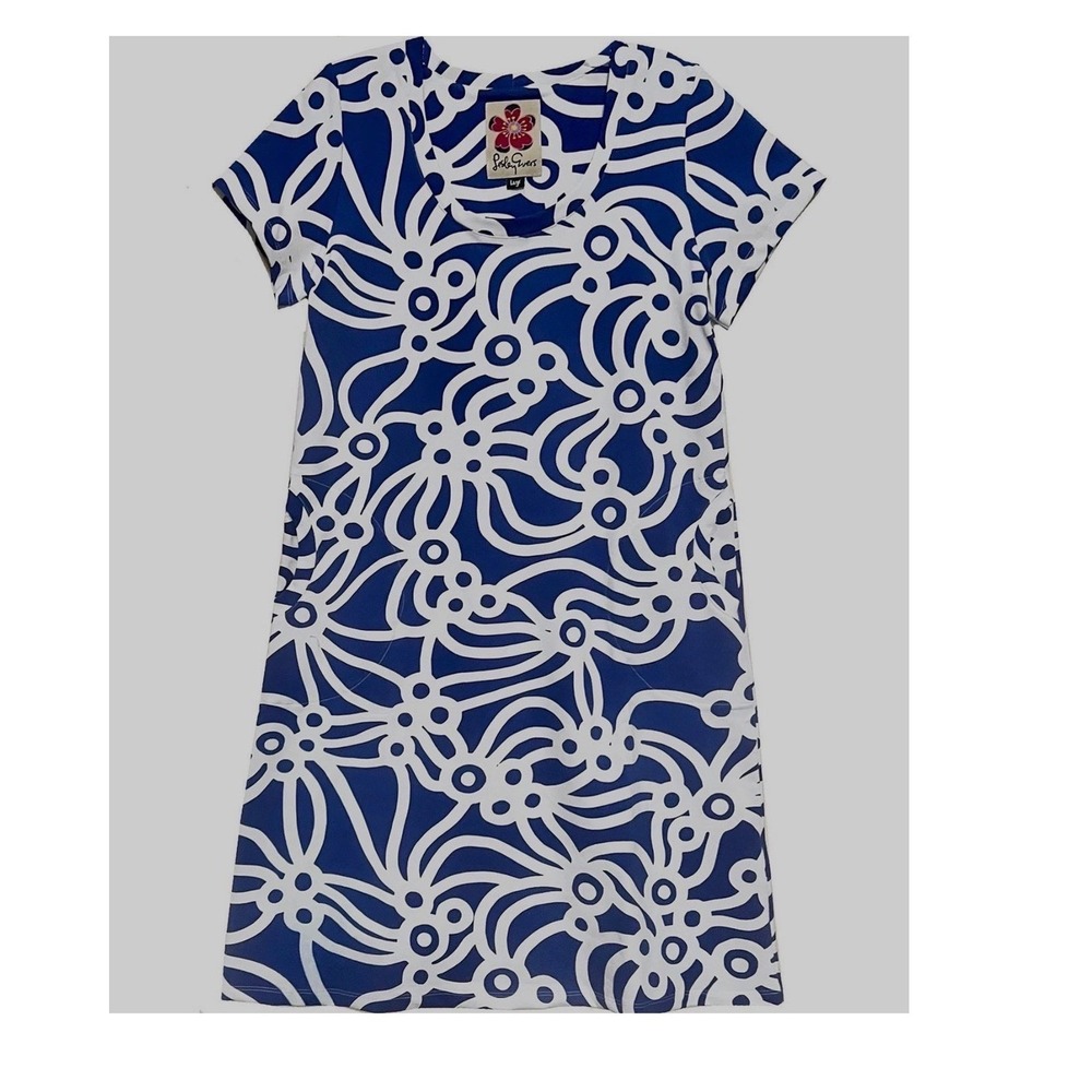 Lesley Evers Blue White Abstract Floral Vacation Dress Pockets Retro Art Size 1X